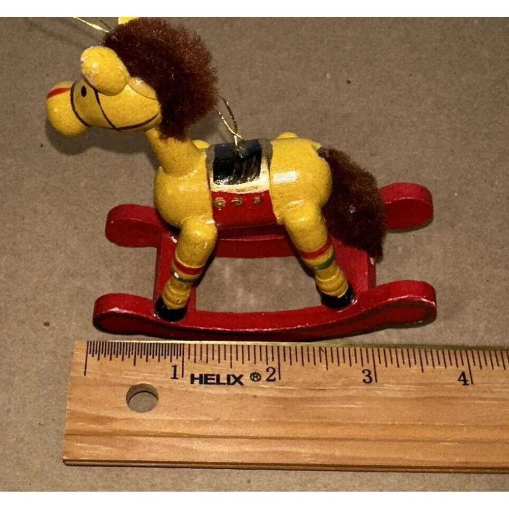 Set of 2 - Vintage 1980's Hand‎ Painted Yellow & Green Rocking Horse Ornaments